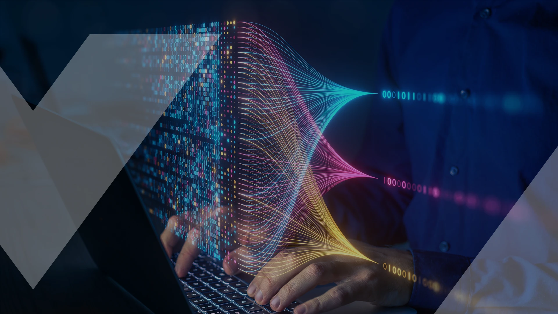 Hands typing on a laptop keyboard with colorful digital lines and binary code emerging from the screen, symbolizing the integration of AI in the innovation process.
